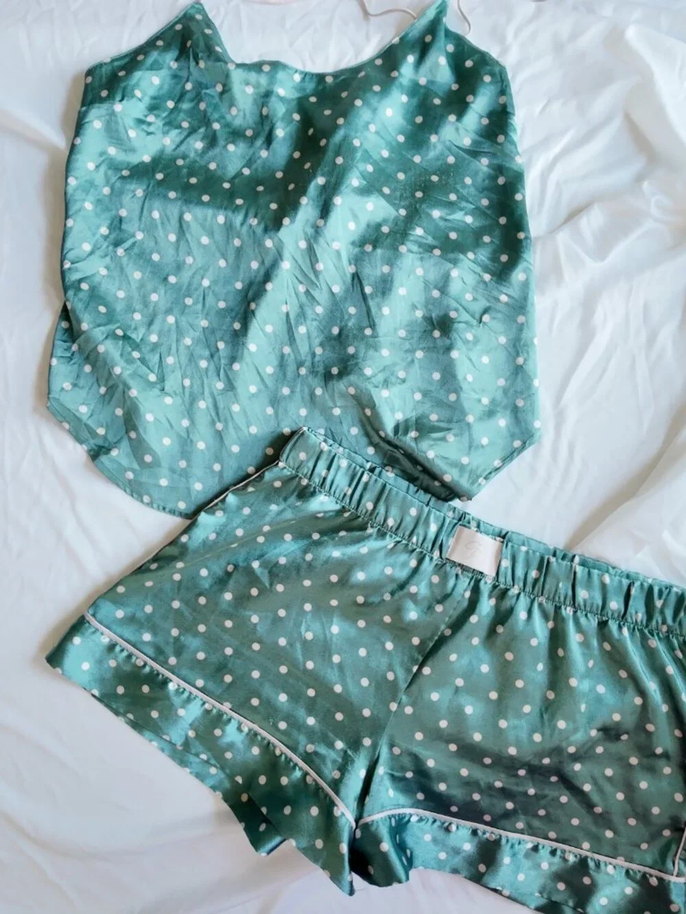 Victoria's Secret Pajama Set Womens S L Satin Cami Shorts Polka dot Shale Green